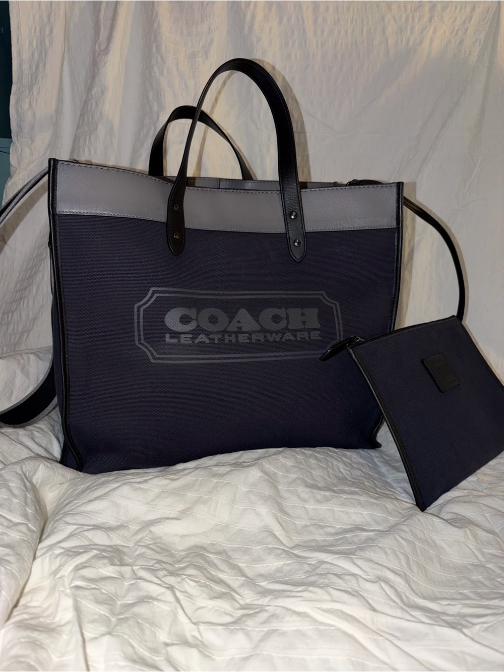 Coach Black Canvas Tote with Gray Top Trim and Removable Pouch and original tag.